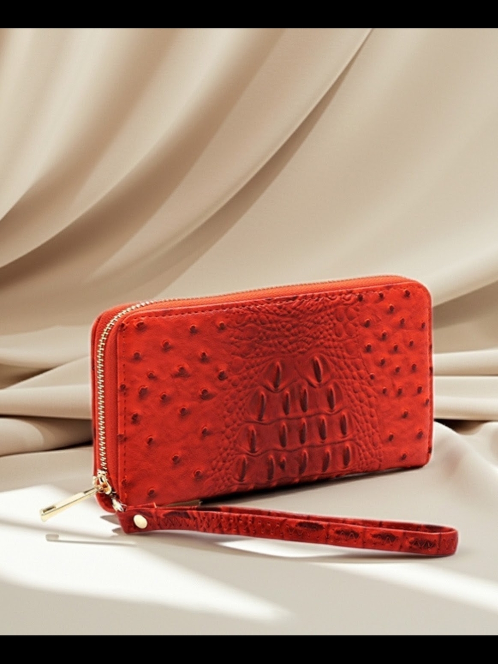 Red Croc-Embossed Zip Wallet Wristlet with Gold Hardware